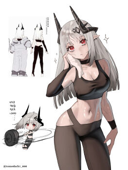 1girl absurdres arknights bare_shoulders black_choker black_horns black_leggings black_sports_bra breasts chibi choker cleavage closed_mouth collarbone commentary_request concept_art crop_top ear_piercing grey_hair highres holding holding_towel horns leggings long_hair medium_breasts midriff motion_lines mudrock_(arknights) mudrock_(elite_ii)_(arknights) multiple_views navel piercing pointy_ears red_eyes simple_background sleeveless sparkle speed_lines sports_bra sweat tomodach1666 towel twitter_username white_background white_hair