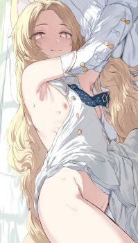 1girl absurdres animal_ear_fluff animal_ears armpits ascot backlighting blonde_hair blue_archive blue_ascot bow breasts bright_pupils detached_sleeves dress fox_ears fox_girl hews highres loli long_hair long_sleeves looking_at_viewer lying monochrome multicolored_eyes nipples on_side seia_(blue_archive) sleeveless sleeveless_dress small_breasts smile solo thighs two-tone_eyes white_dress white_sleeves yellow_eyes