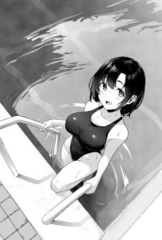 1girl blush breasts commentary_request competition_swimsuit highleg highleg_one-piece_swimsuit highres kekemotsu large_breasts looking_at_viewer monochrome one-piece_swimsuit open_mouth original pool short_hair smile solo swimsuit wet