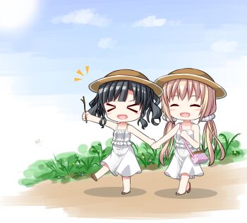 >_< 2girls :o aunt_and_niece bag black_hair blonde_hair blue_sky blush brown_footwear brown_hat bug butterfly closed_eyes cloud commentary day deformed dot_nose dress getsuyoshi grass hand_on_own_chest handbag happy hat highres holding holding_hands holding_stick insect itsumura_haruka itsumura_yukari multiple_girls open_mouth outdoors path pink_bag re:stage! road sandals sky sleeveless sleeveless_dress smile spaghetti_strap stick sun sundress twig walking white_butterfly white_dress