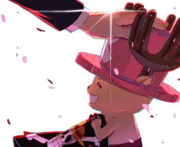 Rule 34 | 2boys, ^ ^, antlers, blue nose, closed eyes, cross, dr. hiriluk, dusgkwjd1, falling petals, flag, glint, hand on another's hat, hashtag-only commentary, hat, highres, holding, holding flag, horns, jolly roger, male focus, multiple boys, one piece, petals, pink hat, pink petals, profile, reindeer antlers, straw hats jolly roger, tony tony chopper