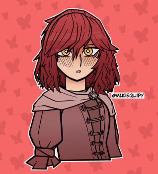 1girl alternate_hairstyle amputee animal_print blush butterfly_print elden_ring fromsoftware hair_between_eyes highres medium_hair millicent_(elden_ring) mudequipy open_mouth portrait red_background red_hair simple_background solo solo_focus yellow_eyes