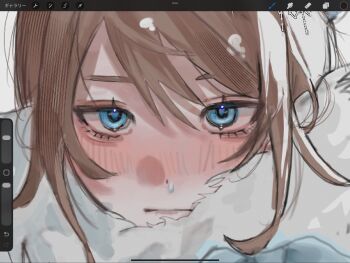 1boy blue_eyes blush brown_hair cold commentary_request edgar_valden highres identity_v o0practice0o portrait procreate_(medium) procreate_(software) snot snot_trail solo trap unfinished