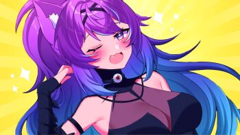1girl :3 animal_ears bare_shoulders black_choker black_gloves blue_hair blush breasts cat_ears cat_girl choker cleavage commentary dot_nose elbow_gloves english_commentary eyeball eyelashes fang filian_(vtuber) fingerless_gloves fusion gloves gradient_hair hand_in_own_hair indie_virtual_youtuber layna_lazar long_hair melody_(projektmelody) mikumoreau multicolored_hair official_art one_eye_closed open_mouth purple_eyes purple_hair second-party_source see-through_clothes smile solo sparkle video_thumbnail virtual_youtuber vshojo yellow_background youtube_video_thumbnail