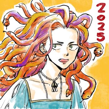 1girl 2025 bead_necklace beads blue_dress cecil_no_joou character_request commentary_request dress earrings fangs green_eyes highres jewelry kozaki_ai long_hair looking_to_the_side necklace official_art open_mouth portrait snake_hair solo