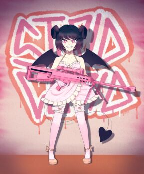 1girl absurdres ankle_bow ankle_ribbon black_hair bow choker demon_girl demon_horns demon_tail demon_wings dress frilled_dress frilled_thigh_strap frills full_body gallaxi gradient_hair grin heart heart-shaped_pupils heart_choker high_heels highres holding holding_weapon horns leg_ribbon looking_at_viewer multicolored_hair original pink_bow pink_choker pink_dress pink_eyes pink_heels pink_thighhighs purple_hair ribbon sharp_teeth short_hair sleeveless sleeveless_dress smile solo standing straight-on symbol-shaped_pupils tail teeth text_background thigh_strap thighhighs weapon wings