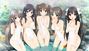 5girls :d :o arm_between_breasts autumn autumn_leaves bare_arms bare_legs bare_shoulders between_breasts black_hair black_ribbon body_blush bow braid breast_hold breast_press breasts brown_hair bush chestnut_mouth cleavage closed_mouth collarbone covered_navel covering_privates eyebrows falling_leaves fence front_braid game_cg groin hair_bow hair_ornament hair_ribbon hairclip hand_on_own_chest head_tilt highres index_finger_raised kani_biimu koi_to_koi_suru_utopia large_breasts leaf leaning_forward long_hair looking_at_viewer maihara_yukina medium_breasts morinaga_rika_(koipia) multiple_girls naked_towel nishihara_kaho nude_cover onsen open_mouth outdoors path plant red_bow red_eyes ribbon road rock shiny_skin side_braid sitting smile soaking_feet takasugi_nanao tareme thighs towel tree twin_braids twintails very_long_hair water wet_towel white_ribbon yashiki_moegi