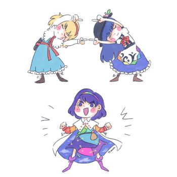 3girls :d alice_margatroid apron artist_name ascot black_headwear blonde_hair blouse blue_dress blue_eyes blue_hair blue_skirt blush book boots cape dress emphasis_lines food frilled_dress frills fruit fusion fusion_dance hairband hat hinanawi_tenshi leaf long_hair manamanami multicolored_clothes multicolored_hairband multiple_girls neck_ribbon open_mouth patchwork_clothes peach pointing pouch rainbow_gradient red_ascot red_hairband ribbon shirt short_hair short_sleeves skirt smile tenkyuu_chimata touhou v-shaped_eyebrows zipper