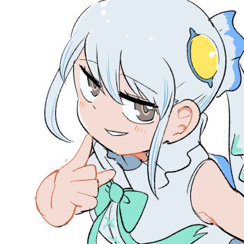 1girl bare_shoulders blush bow bowtie dress green_bow green_bowtie grey_dress grey_eyes grey_hair hair_ornament kemono_friends long_hair looking_at_viewer mcgunngu ponytail ribbon simple_background skyfish_(kemono_friends) sleeveless solo upper_body