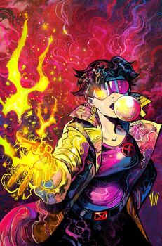 1girl abstract_background black_hair blowing_bubble_gum breasts chewing_gum coat earrings gloves glowing glowing_hand goggles jacket jewelry jubilee lightning_bolt_earrings lightning_bolt_symbol long_coat marvel pink-tinted_eyewear pink_background pink_shirt shirt short_hair solo superhero_costume tinted_eyewear vinartwork x-men yellow_coat yellow_jacket