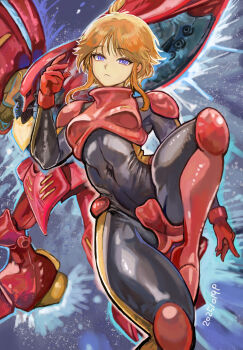 1girl bodysuit breasts commentary dated gloves gundam gundam_zz highres looking_at_viewer mecha mecha_pilot_suit mobile_suit normal_suit_(gundam) okrdisk2000 orange_hair purple_eyes puru_two qubeley_mk_ii robot science_fiction short_hair signature small_breasts