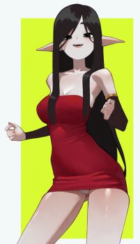 Rule 34 | 1girl, :d, anemoneeanemone, bare legs, bare shoulders, black eyes, black hair, black sleeves, borrowed character, breasts, cleavage, contrapposto, cowboy shot, detached sleeves, dress, fangs, green background, highres, large breasts, licorice (justadrian), long hair, long pointy ears, long sleeves, looking at viewer, open mouth, original, pale skin, panties, pantyshot, parted bangs, pointy ears, red dress, short dress, sidelocks, simple background, smile, solo, strapless, strapless dress, teeth, underwear, upper teeth only, very long hair, white panties
