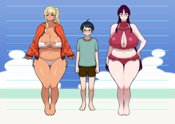 1boy 2girls absurdres age_difference beach bikini blonde_hair breasts cleavage comparison curvy dark-skinned_female dark_skin glasses gyaru highres huge_breasts kakuzatou_(satousatotototo) long_hair mole mole_under_eye multiple_girls navel onee-shota plump purple_hair shota size_chart size_difference standing stomach swimsuit thick_eyebrows thick_lips thick_thighs thighs wide_hips