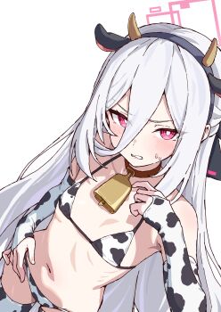 1girl absurdres animal_ear_hairband animal_ears animal_print bell black_hairband blue_archive blush commission cow_ear_hairband cow_ears cow_horns cow_print cow_print_thighhighs cowbell drawstring fake_animal_ears hair_between_eyes hairband half_updo halo highres hood hooded_jacket horns jacket kei_(blue_archive) loli long_hair long_hair_between_eyes looking_at_viewer neck_bell paid_reward_available pink_eyes pink_halo print_thighhighs rectangular_halo ringed_eyes simple_background skeb_commission solo textless_version thighhighs transparent_background very_long_hair white_hair yucblossom