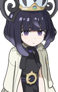 Rule 34 | 1girl, black dress, black hair, black ribbon, blunt bangs, chiisana mahou, closed mouth, coat, coat on shoulders, commentary, dress, expressionless, grey eyes, gwynn (pokemon), hat, highres, medium hair, neck ribbon, nintendo, pokemon, pokemon legends: z-a, ribbon, simple background, solo, white background, white hat