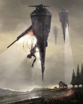 building car day grand_scale highres horror_(theme) house manavu motor_vehicle no_humans original outdoors overcast science_fiction signature skeleton sky spacecraft tree watermark