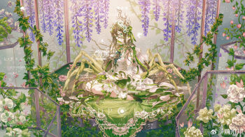 1girl absurdres anemone_(flower) antlers aqua_eyes aqua_flower arthropod_limbs bare_shoulders bead_necklace beads bellflower black_shoes branch breasts breasts_out brown_hair bug butterfly chinese_commentary choker claws closed_mouth colored_extremities colored_skin commission convenient_censoring corset cracked_skin cupping_hands detached_sleeves display_case expressionless extra_legs flower folding_screen frilled_shirt_collar frilled_sleeves frills full_body gem green_choker green_gemstone green_nails green_ribbon green_skin green_skirt green_sleeves hair_between_eyes hair_flower hair_ornament hair_ribbon high-low_skirt highres hole_in_chest hole_on_body horns in_container insect jewelry leaf leg_ribbon long_hair long_hair_between_eyes long_sleeves looking_at_viewer man_chuan_chuan medium_breasts mole mole_under_eye monster_girl multicolored_skin nail_polish necklace orchid original own_hands_together petals pink_butterfly pink_flower plant plant_girl puritan_collar purple_flower ribbon shoes shoulder_necklace sitting skirt solo striped_choker tree_horns two-sided_fabric two-sided_skirt two-sided_sleeves two-tone_skin very_long_hair vines watermark wavy_hair weibo_watermark white_corset white_flower white_skirt white_sleeves wide_sleeves wisteria yellow_flower yokozuwari