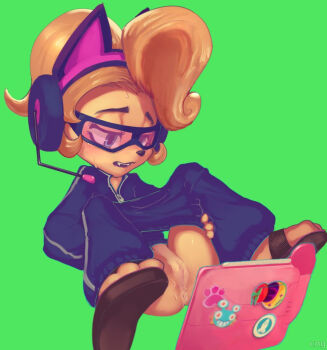 1girl animal animal_ear_headphones animal_ears anus artist_name black_sandals blonde_hair blue_eyes blue_jacket blue_pants cat_ear_headphones cat_ears censored clothes_pull coco_bandicoot conoghi crash_bandicoot_(series) fake_animal_ears fangs furry goggles green_background headphones headset jacket legs_up loli long_hair long_sleeves looking_at_screen lying mosaic_censoring no_panties on_back open_mouth orange_fur pants pants_pull paw_print ponytail presenting presenting_pussy pussy pussy_juice sandals simple_background spread_legs sticker sweat tablet_pc teeth track_jacket track_pants track_suit