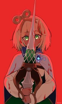 1girl absurdres blood blood_on_clothes blood_on_face blood_on_hand blood_splatter blood_stain bloody_weapon cape cecilia_immergreen commentary commission commissioner_upload diamond-shaped_pupils diamond_(shape) doll_joints dreizerel english_commentary enigmatic_recollection glowing glowing_eyes green_eyes highres hololive hololive_english joints lance looking_at_viewer polearm red_background solo staring symbol-shaped_pupils vgen_commission virtual_youtuber weapon winding_key