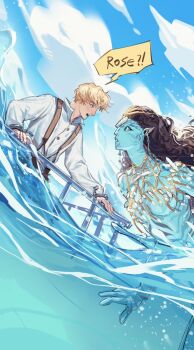 Rule 34 | 2boys, aqua eyes, avatar (2009 movie), black hair, blonde hair, blue eyes, blue skin, blue sky, blush, broken handcuffs, brown overalls, character request, chinese commentary, collared shirt, colored skin, commentary request, crossover, english text, eyelashes, forehead protector, highres, in water, james cameron's avatar, jewelry, long hair, looking at another, multiple boys, necklace, nose, open mouth, overalls, parted lips, pointy ears, railing, shirt, short hair, sky, suspenders, teeth, titanic (movie), tworain w, upper body, white shirt