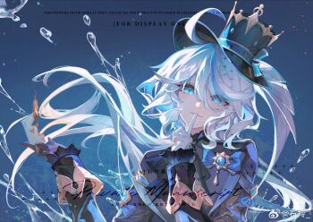 1girl ahoge ascot asymmetrical_gloves black_ascot black_gloves blue_background blue_eyes blue_gemstone blue_hair blue_hat blue_jacket burning card chinese_commentary commission drop-shaped_pupils eyes_visible_through_hair finger_to_mouth frilled_sleeves frills furina_(genshin_impact) gem genshin_impact gloves hair_between_eyes hat head_tilt heterochromia holding holding_card index_finger_raised jacket long_hair long_sleeves looking_at_viewer mismatched_gloves multicolored_hair parted_lips playing_card shiling shushing sleeve_cuffs smile solo splatter streaked_hair symbol-shaped_pupils top_hat upper_body water_drop watermark weibo_watermark white_gloves white_hair