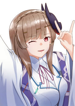 Rule 34 | 1girl, absurdres, asahinahanokai, braid, brown hair, commentary request, fox mask, fox shadow puppet, heaven burns red, highres, japanese clothes, kimono, kiryuu miya, long hair, looking at viewer, mask, mask on head, mole, mole under eye, neck ribbon, one eye closed, purple ribbon, red eyes, ribbon, simple background, white background