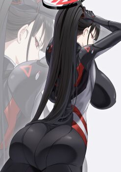 1girl adjusting_hair arms_up ass backboob black_bodysuit black_hair black_halo blue_archive blunt_bangs bodysuit breasts bright_pupils commentary covered_mouth cowboy_shot different_zoom_layer from_behind from_below grey_background grey_bodysuit halo hands_in_own_hair highres impossible_bodysuit impossible_clothes large_breasts latex latex_bodysuit long_hair looking_at_viewer looking_back multicolored_bodysuit multicolored_halo official_alternate_costume ponytail red_bodysuit red_eyes red_halo ringed_eyes rio_(blue_archive) rio_(bodysuit)_(blue_archive) simple_background skin_tight solo standing straight_hair suigetu26 two-tone_halo white_pupils zoom_layer