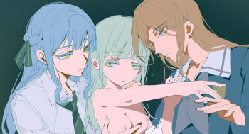 3girls absurdres arupa bang_dream! bang_dream!_it&#039;s_mygo!!!!! blue_eyes blue_hair blue_shirt breasts brown_hair chinese_commentary closed_mouth clothed_female_nude_female collared_shirt commentary_request expressionless girl_sandwich grabbing_another&#039;s_breast grabbing_from_behind green_background green_hair green_necktie grey_neckerchief groping haneoka_school_uniform highres long_hair multiple_girls nagasaki_soyo neckerchief necktie nipples nude parted_lips sailor_collar sandwiched school_uniform shirt simple_background small_breasts string string_of_fate togawa_sakiko tsukinomori_school_uniform upper_body wakaba_mutsumi white_sailor_collar white_shirt yellow_eyes yuri