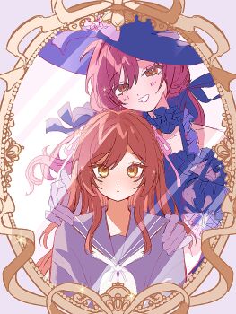 0726_mck 2girls bare_shoulders blue_dress blue_hat blue_sailor_collar blue_shirt blush closed_mouth commentary_request dress dual_persona frilled_dress frills gloves grin hand_on_another's_shoulder hat highres idolmaster idolmaster_shiny_colors long_hair long_sleeves looking_at_mirror looking_at_viewer low_twintails mirror multiple_girls official_alternate_costume official_alternate_hairstyle open_mouth osaki_amana purple_gloves red_hair reflection reflection_focus ribbon sailor_collar school_uniform serafuku shirt smile swept_bangs twintails witch witch_hat yellow_eyes