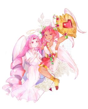 2girls absurdly_long_hair angel angel_wings arm_around_back armpits asuing bare_arms bare_shoulders boots breasts circlet cleavage collarbone cookie_run cookie_run:_kingdom dark-skinned_female dark_skin demon_tail determined dress drill_hair eternal_sugar_cookie feathered_wings flower forehead_jewel full_body gem halftone halo heart-shaped_gem highres holding holding_shield hollyberry_cookie hollyberry_cookie_(protector_of_paradise) humanization interlocked_fingers interracial knees leaf long_dress long_hair looking_at_another medium_breasts medium_skirt multiple_girls official_alternate_costume open_mouth own_hands_clasped own_hands_together pink_eyes pink_gemstone pink_hair pink_skirt pleated_dress pleated_skirt protecting puffy_short_sleeves puffy_sleeves red_tail rose sash shield shirt short_sleeves simple_background skirt sleeveless sleeveless_shirt tail tail_around_another&#039;s_leg tail_wrap twin_drills very_long_hair white_background white_dress white_eyeshadow white_shirt white_wings wings yellow_boots yellow_halo yellow_sash yuri