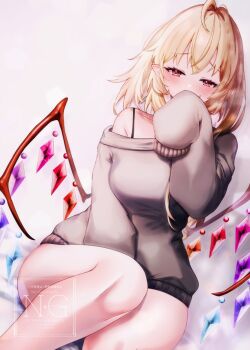 1girl alternate_costume bare_legs black_bra blonde_hair blush bra bra_strap breasts commentary covered_mouth crystal_wings dutch_angle feet_out_of_frame flandre_scarlet grey_sweater large_breasts looking_at_viewer medium_hair no_pants pointy_ears red_eyes sakuramiya_nya single_bare_shoulder sleeves_past_fingers sleeves_past_wrists solo sweater touhou underwear wings
