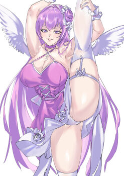 absurdres angel_wings bare_shoulders braid breasts character_doll cleavage collarbone doll dorothy_(nikke) dorothy_(nostalgia)_(nikke) dress feathered_wings goddess_of_victory:_nikke grin hair_bun hair_ribbon halter_dress halterneck highres large_breasts leg_up long_hair looking_at_viewer nail_polish official_alternate_costume panties pink_dress pink_hair pink_nails pinne_(nikke) purple_eyes ribbon smile standing taiyang_yu underwear white_panties white_ribbon white_wings wings