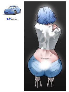 Rule 34 | 1girl, absurdres, artist name, ass, back tattoo, blue hair, blue pants, car, cars (movie), commentary, english commentary, hand on own shoulder, high heels, highres, motor vehicle, nisp art, pants, personification, pocket, sally carrera, shirt, short hair, squatting, tattoo, tramp stamp, vehicle and personification, white shirt