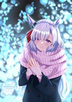 Rule 34 | 1girl, absurdres, animal ears, blue coat, blue hair, blush, braid, closed mouth, coat, commentary request, crown braid, ear ornament, highres, horse ears, horse girl, long hair, long sleeves, looking at viewer, mejiro ardan (umamusume), pink scarf, pink sweater, purple eyes, scarf, smile, solo, sweater, take20131004, umamusume, winter clothes, winter coat