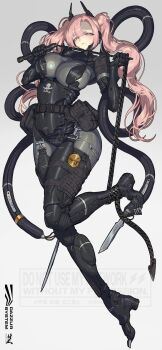 1girl artist_name black_bodysuit blush bodysuit breasts claws covered_navel cyber_fashion dazzur_(dazzur_system) eyelashes full_body highres holding holding_whip horns large_breasts leg_armor leg_up long_hair looking_at_viewer looking_down mole mole_under_mouth narrowed_eyes original parted_bangs parted_lips pink_eyes pink_hair solo twintails united_states_navy very_long_hair whip