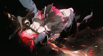 Rule 34 | 1girl, arknights, arknights: endfield, bare shoulders, black background, black dress, black gloves, black horns, breasts, cleavage, commentary, demon horns, dress, fire, flaming sword, flaming weapon, full body, giant hand, gloves, highres, horns, laevatein (arknights), long hair, looking at viewer, purple eyes, red hair, surtr (arknights), sword, weapon, yueko (jiayue wu)