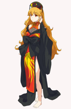 1girl adapted_costume bare_shoulders barefoot black_dress blonde_hair breasts chinese_clothes cleavage commentary dalachi_(headdress) dress expressionless hand_in_own_hair highres jack_(wkm74959) junko_(touhou) legs long_hair medium_breasts off-shoulder_dress off_shoulder one-hour_drawing_challenge parted_lips red_dress red_eyes see-through_cleavage see-through_clothes side_slit solo touhou two-tone_dress very_long_hair