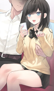 1boy 1girl :d belt belt_buckle black_bow black_hair black_pants black_skirt blue_eyes bow breasts brown_belt buckle cellphone closed_mouth collared_shirt commentary_request couch dress_shirt feet_out_of_frame grabbing_another&#039;s_breast groping hetero highres holding holding_phone knees_together_feet_apart long_hair long_sleeves medium_breasts mole mole_on_neck nail_polish on_couch open_mouth original pants peragura phone pink_nails pleated_skirt pointing puffy_long_sleeves puffy_sleeves school_uniform shirt sitting skirt sleeves_past_wrists smile sweater white_shirt yellow_sweater