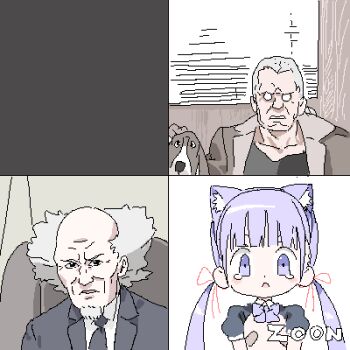 1girl 2boys animal_ear_hairband animal_ears aramaki_daisuke artificial_eyes balding bandaid bandaids_on_nipples batou_(gits) beagle black_eyes black_jacket black_necktie black_shirt black_sleeves blunt_bangs blush_stickers bow bowtie brand_name_imitation brown_jacket cat_ear_hairband cat_ears collared_shirt dog facial_hair fake_animal_ears flat_chest formal_clothes frown ghost_in_the_shell goatee hair_ribbon hairband jacket lapels lokulo-chan_(lokulo_no_mawashimono) lokulo_no_mawashimono loli long_hair looking_at_viewer low_twintails lowres multiple_boys necktie oekaki old old_man open_clothes open_jacket open_mouth original parody_request pasties puffy_short_sleeves puffy_sleeves purple_bow purple_bowtie purple_eyes purple_hair red_ribbon ribbon shirt short_sleeves shrug_(clothing) suit tearing_up topless_female twintails upper_body video_call white_shirt window_blinds wrinkled_skin video_call