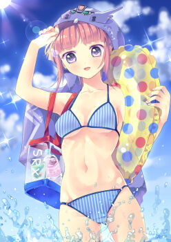 1girl arm_up bag bikini bottle breasts character_request cleavage collarbone commentary_request eri. fingernails grey_eyes hand_on_own_head highres holding_floatie liquid looking_at_viewer mai_kobayashi midriff open_mouth pale_skin pink_hair pink_nails shoulder_bag sky smile solo splashing straight_hair striped_bikini striped_clothes sunlight super_robot_wars swimsuit water water_bottle