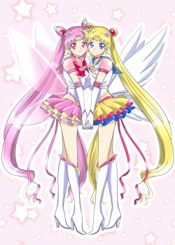 2girls absurdres aged_up bishoujo_senshi_sailor_moon blonde_hair blue_eyes boots bow cheek-to-cheek chibi_usa crescent crescent_moon double_bun earrings elbow_gloves eternal_sailor_moon gloves hair_bun hair_ornament heads_together high_heel_boots high_heels highres jewelry leotard long_hair moon mother_and_daughter multicolored_skirt multiple_girls outline pink_background pink_eyes pink_hair puffy_short_sleeves puffy_sleeves sailor_chibi_moon sailor_moon sailor_senshi_uniform short_sleeves simple_background skirt smile star_(symbol) star_earrings super_sailor_chibi_moon_(stars) tsukino_usagi white_boots white_gloves white_leotard white_outline wings