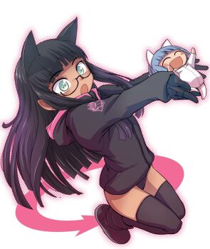 2girls :d animal_ears black_footwear black_hair black_thighhighs blue_hair blush cat_ears chibi closed_eyes dark-skinned_female dark_skin dutch_angle ez6 glasses green_eyes halftone holding_person hood hood_down hoodie kneeling long_hair mini_person minigirl multiple_girls open_mouth original semi-rimless_eyewear sidelocks smile thighhighs white_background