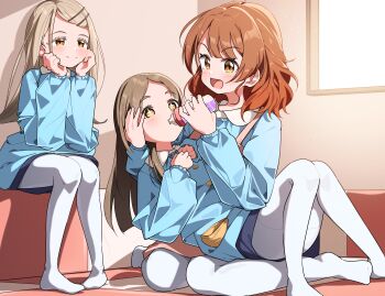 +_+ 3girls :d absurdres baby_bottle blonde_hair blue_shirt blue_skirt bottle brown_hair closed_mouth collared_shirt colored_eyelashes commentary_request feeding full_body gakuen_idolmaster gradient_hair hair_ornament hairclip hanami_ume highres holding holding_bottle idolmaster kindergarten_uniform kuramoto_china long_hair long_sleeves looking_at_viewer medium_hair multicolored_hair multiple_girls no_shoes open_mouth orange_eyes pantyhose red_hair shinosawa_hiro shirt sitting skirt smile smock split_mouth two-tone_hair white_pantyhose yairo_ju