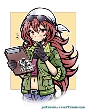 Rule 34 | 1girl, artist name, bandana, belt, black gloves, blush, commentary, eiyuu densetsu, english commentary, eyewear on head, gloves, green jacket, headscarf, highres, jacket, jingo (eiyuu densetsu), long hair, navel, red hair, sen no kiseki (series), short shorts, shorts, simple background, sunglasses, thaumana, white headscarf