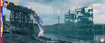 absurdres arrow_(symbol) artist_logo bakairis chair commentary dock english_text highres logo original outdoors overcast river scenery sky smoke structure symbol-only_commentary tree water