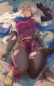 1girl absurdres bad_tag breasts closed_eyes commission defeat fire_emblem fire_emblem:_radiant_dawn grey_hair highres ishijimajirou large_breasts lying micaiah_(fire_emblem) nintendo on_back on_ground skeb_commission thick_thighs thighs torn_clothes unconscious