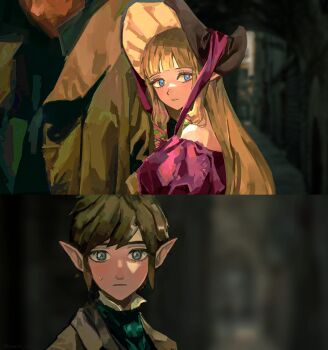 Rule 34 | 1girl, 2boys, ascot, blonde hair, blue eyes, blunt bangs, blurry, blurry background, blush, bonnet, collared shirt, cosette (les miserables), cosette (les miserables) (cosplay), cosplay, derivative work, dress, green ascot, grey jacket, hair ribbon, hashtag-only commentary, highres, jacket, link, long hair, looking at another, marius (les miserables), marius (les miserables) (cosplay), multiple boys, nintendo, off-shoulder dress, off shoulder, parted lips, pink dress, pointy ears, princess zelda, ribbon, seusojeldaleul-wihaejug-eum, shirt, sidelocks, sweatdrop, the legend of zelda, the legend of zelda: skyward sword, upper body, white shirt