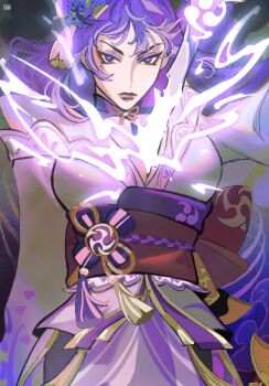 1girl breasts bright_pupils cleavage closed_mouth cowboy_shot electricity electro_symbol_(genshin_impact) electrokinesis eyeshadow floating_hair genshin_impact glowing glowing_sword glowing_weapon highres holding holding_sword holding_weapon human_scabbard japanese_clothes junowasdead kimono large_breasts long_hair looking_ahead looking_at_viewer makeup obi purple_eyes purple_eyeshadow purple_hair purple_kimono raiden_shogun red_eyeshadow red_lips red_sash sash solo sword weapon white_pupils