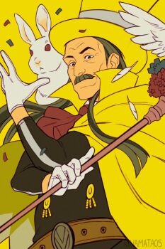 1boy ace_attorney apollo_justice:_ace_attorney artist_name belt cape facial_hair feathers gloves grey_hair hat highres holding holding_wand karina_mata long_sleeves mustache rabbit solo valant_gramarye wand white_feathers white_gloves yellow_background yellow_cape yellow_hat