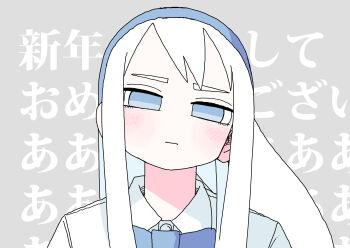 1girl abe_tomomi blue_eyes blue_ribbon blush grey_background hairband highres long_hair neck_ribbon original ribbon school_uniform shirt solo text_background white_hair white_shirt